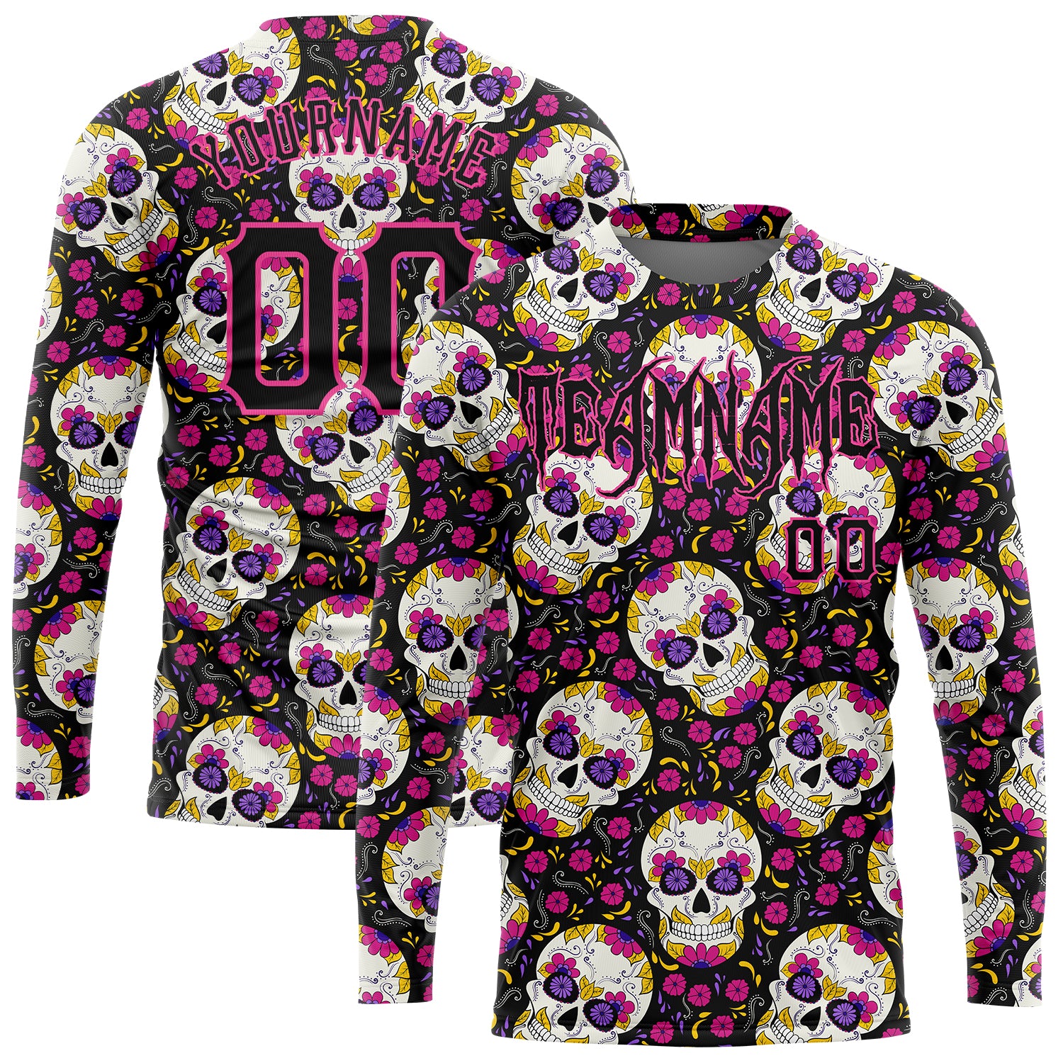 Custom Team Name and Number Performance T-Shirt, Floral 3D Pattern Skulls Halloween Long Sleeve Personalized 3D Pattern Halloween