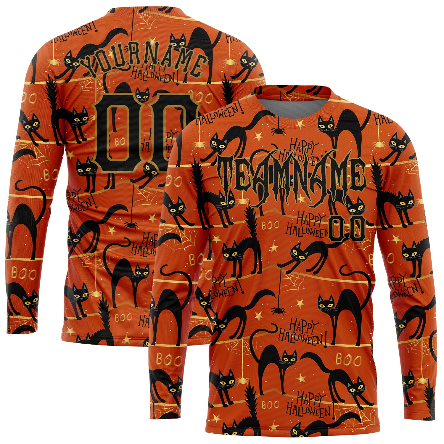 Happy Halloween Black Cats Spiders Personalized Long Sleeve T-Shirt with Custom Name and Number, Performance Style Personalized