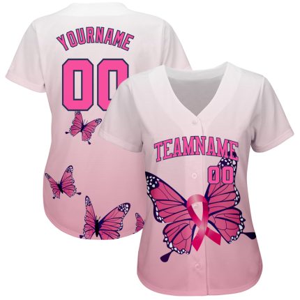 Breast Cancer Awareness Month Personalized 3D Pink Ribbon Butterflies Womens Baseball Jersey Personalized 3D Pink Ribbon