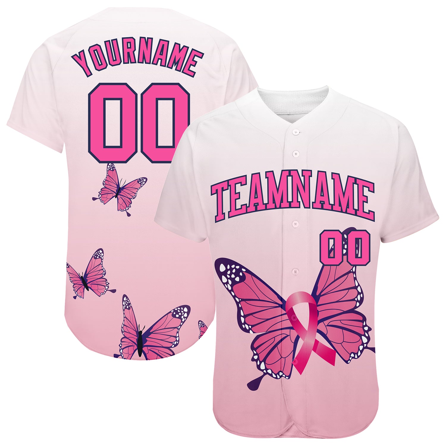 Personalized Breast Cancer Awareness Jersey with Butterflies for Women - Custom Name & Number 3D Pink Ribbon Baseball Jersey
