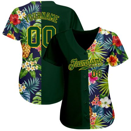 Personalized 3D Tropical Pineapples and Palm Leaves Baseball Jersey with Floral Accent Personalized 3D Tropical Pineapples