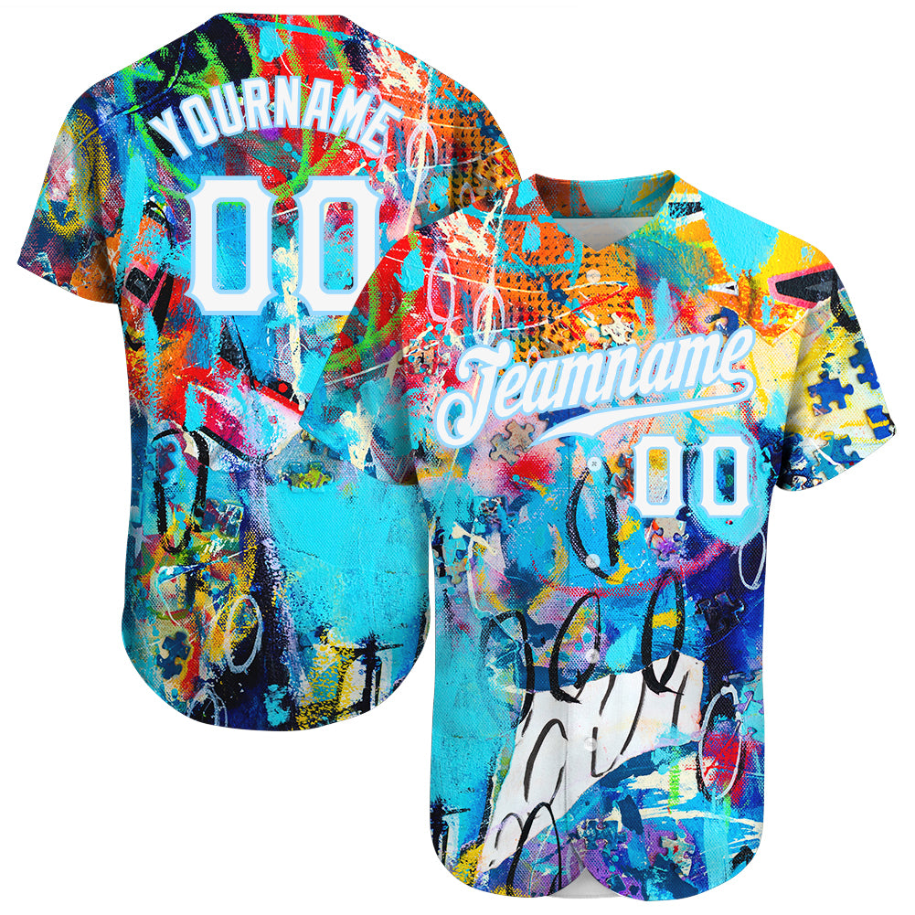 Custom Name and Number Personalized Graffiti Baseball Jersey - 3D White-Light Blue Design Personalized Abstract Graffiti