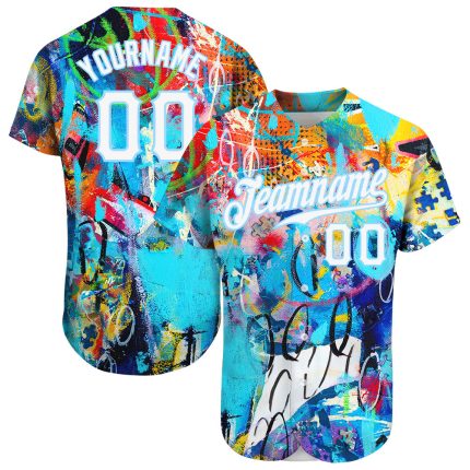 Personalized Abstract Graffiti 3D Baseball Jersey in White and Light Blue Personalized Abstract Graffiti White-Light Blue