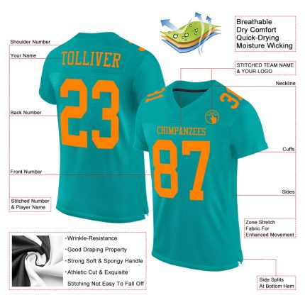 Personalized Custom Name and Number Orange Mesh Authentic Football Jersey - Aqua Bay Team Merchandise Personalized Aqua Bay
