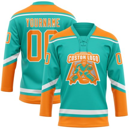 Personalized Orange-White Hockey Lace Neck Jersey - Aqua Bay Team Apparel Personalized Aqua Bay Orange-White Hockey Lace