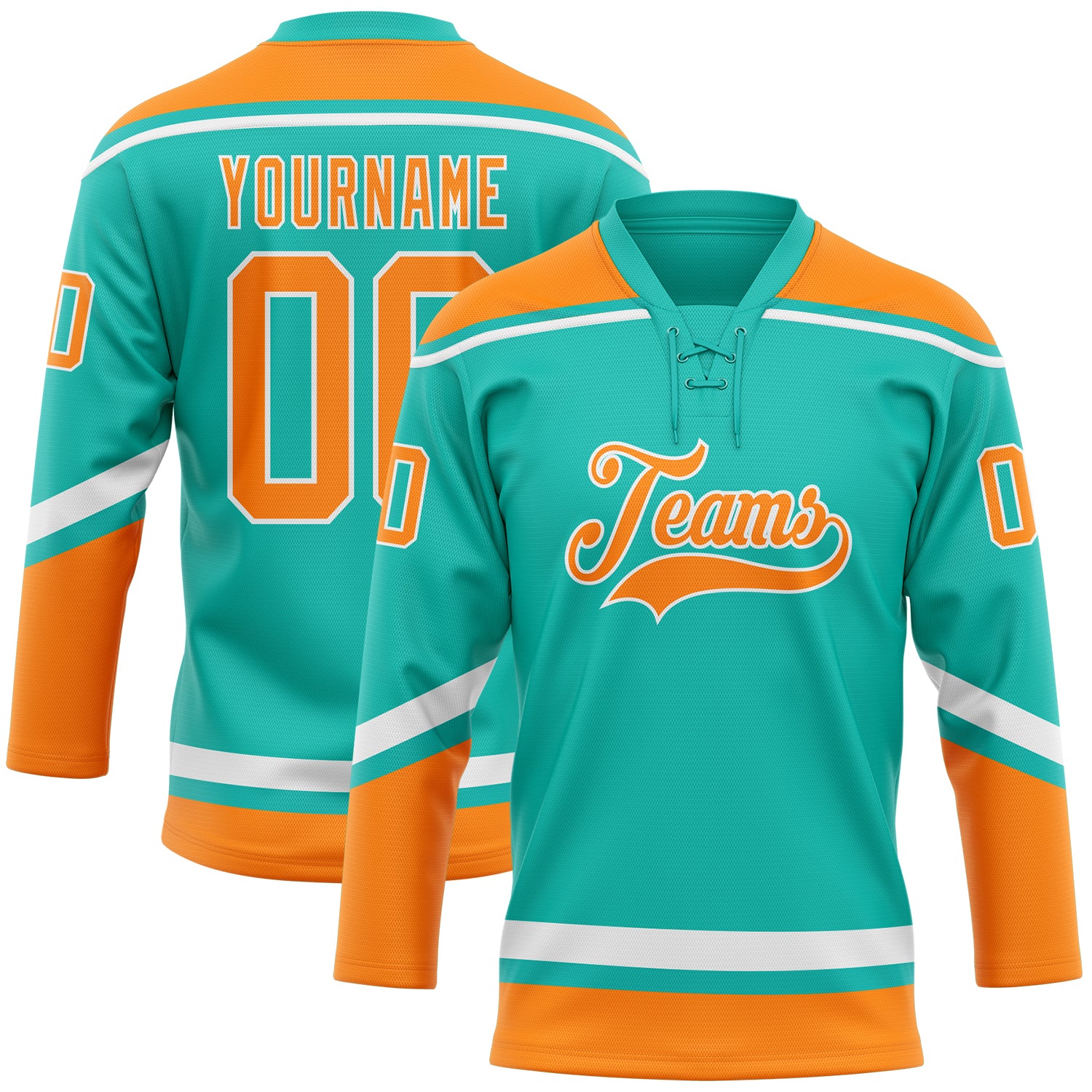 Custom Name and Number Personalized Aqua Bay Orange-White Hockey Jersey Lace Neck Team Personalized Aqua Bay Orange-White