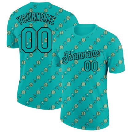Personalized 3D Dollar Sign Performance T-Shirt - Aqua Black Money Theme Shirt Personalized Aqua Black 3D Dollar Sign Money