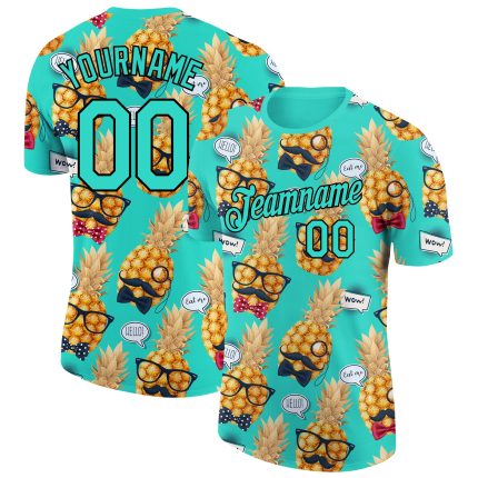 Personalized Aqua Black 3D Pineapple T-Shirt for Hawaii Style Performance Personalized Aqua Black 3D Hawaii Style Pineapple