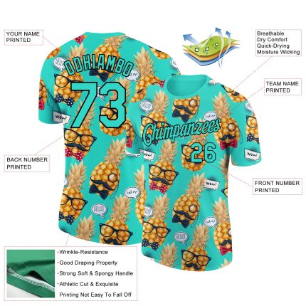 Personalized Aqua Black 3D Pineapple T-Shirt for Hawaii Style Performance Personalized Aqua Black 3D Hawaii Style Pineapple