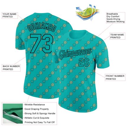 Custom Dollar Sign Money Theme T-Shirt with 3D Aqua Black Pattern - Personalized Name & Number Performance Tee Personalized