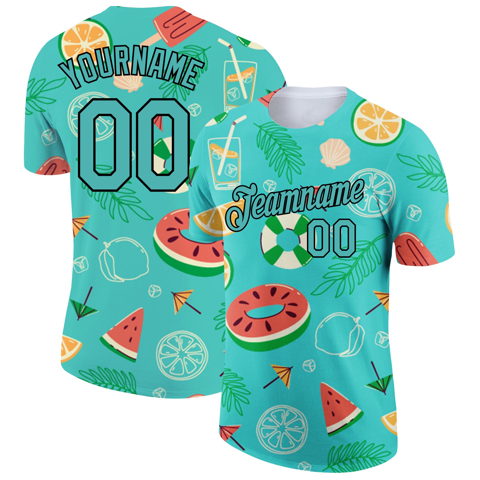 Custom Name Number Summer Fruit Performance T-Shirt Aqua Black 3D Pattern Design for Holidays Personalized Aqua Black 3D