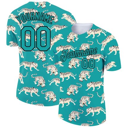 Custom Name and Number Tiger Performance T-Shirt - Personalized Aqua Black 3D Pattern Design Personalized Aqua Black 3D Pattern