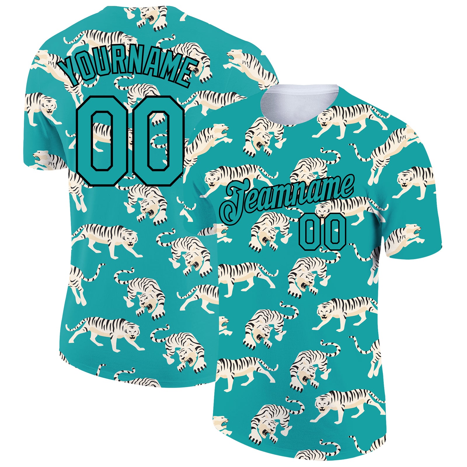 Custom Name and Number Tiger Performance T-Shirt - Personalized Aqua Black 3D Pattern Design Personalized Aqua Black 3D Pattern