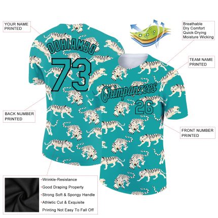 Custom Name and Number Tiger Performance T-Shirt - Personalized Aqua Black 3D Pattern Design Personalized Aqua Black 3D Pattern