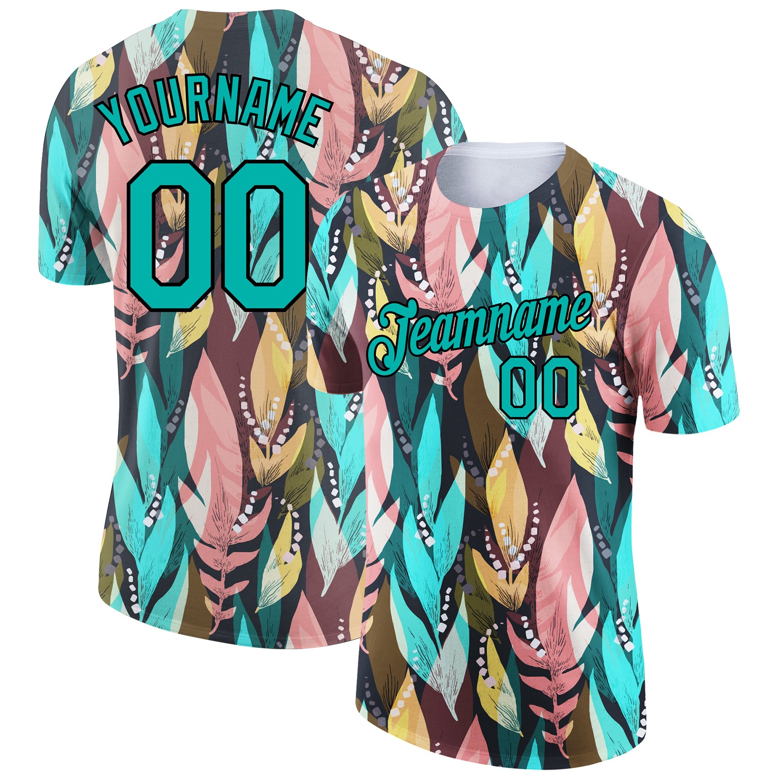 Custom Name and Number Tropical Palm Leaf Performance T-Shirt - Personalized Aqua Black 3D Pattern Design Personalized Aqua