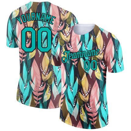 Personalized Tropical Palm Leaf Performance T-Shirt in Aqua Black for Men and Women Personalized Aqua Black 3D Tropical Palm