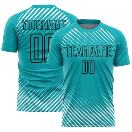 Custom Aqua Black Diagonal Lines Soccer Jersey - Personalized Sublimation Uniform Personalized Aqua Black Diagonal Lines