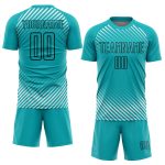 Custom Aqua Black Diagonal Lines Soccer Jersey - Personalized Sublimation Uniform Personalized Aqua Black Diagonal Lines