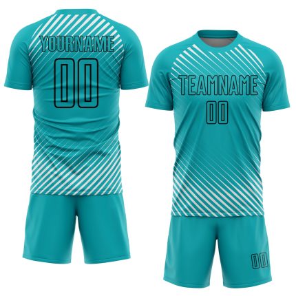 Custom Aqua Black Diagonal Lines Soccer Jersey - Personalized Sublimation Uniform Personalized Aqua Black Diagonal Lines