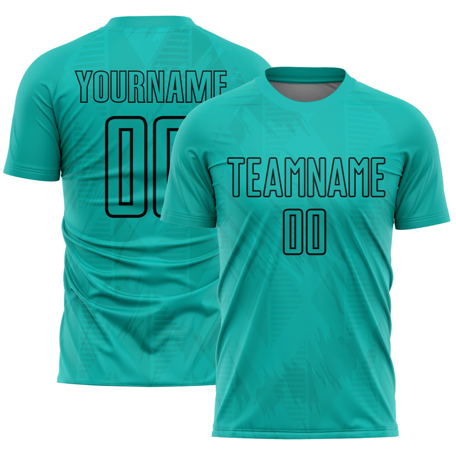 Custom Name and Number Aqua Black Geometric Shapes Soccer Jersey Uniform - Personalized Sublimation Team Gear Personalized