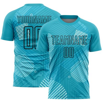 Custom Aqua Black Lines Soccer Jersey - Personalized Sublimation Uniform Personalized Aqua Black Lines Sublimation Soccer