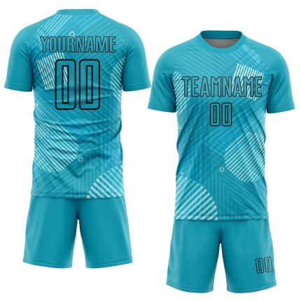 Custom Aqua Black Lines Soccer Jersey with Personalized Name and Number - Sublimation Team Uniform Personalized Aqua Black