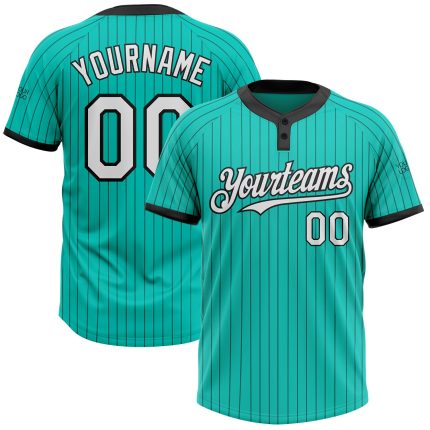 Custom Name and Number Unisex Softball Jersey - Personalized Aqua Black Pinstripe Two-Button Design Personalized Aqua Black
