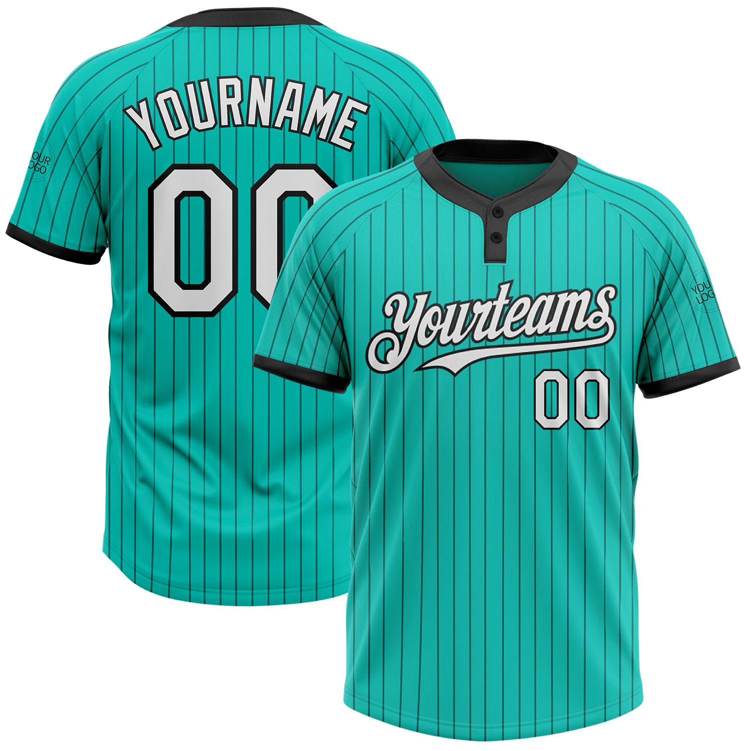 Custom Name and Number Unisex Softball Jersey - Personalized Aqua Black Pinstripe Two-Button Design Personalized Aqua Black