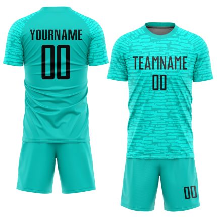 Custom Aqua Black Soccer Jersey - Personalized Sublimation Uniform Personalized Aqua Black Sublimation Soccer Uniform Jersey