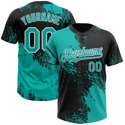 Personalized Unisex Softball Jersey - Aqua Black-White 3D Abstract Brush Stroke, Two-Button Design Personalized Aqua Black-White
