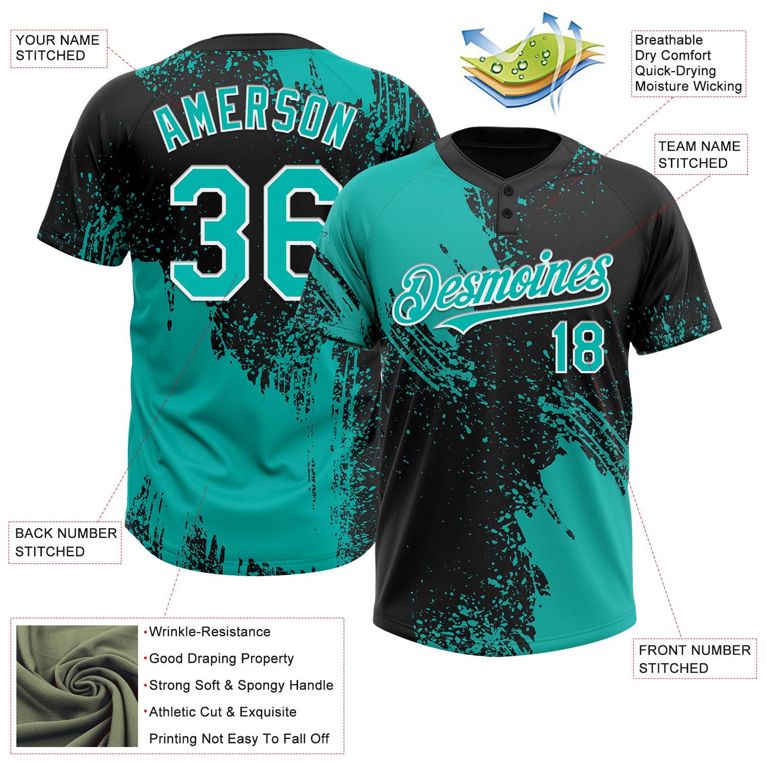 Personalized Unisex Softball Jersey - Aqua Black-White 3D Abstract Brush Stroke, Two-Button Design Personalized Aqua Black-White - Image 3