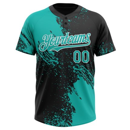 Personalized Unisex Softball Jersey - Aqua Black-White 3D Abstract Brush Stroke, Two-Button Design Personalized Aqua Black-White