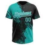 Custom Name and Number Personalized Aqua Black-White Abstract Brush Stroke Unisex Softball Jersey - 3D Pattern Two-Button Design