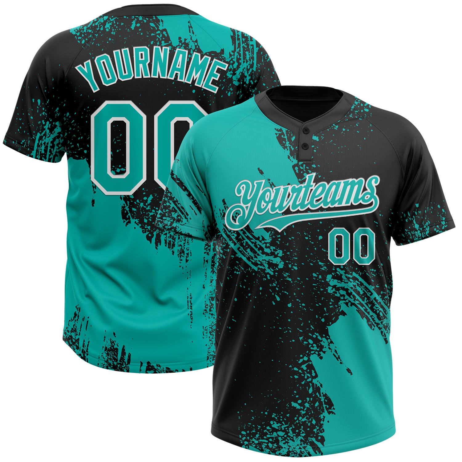 Custom Name and Number Personalized Aqua Black-White Abstract Brush Stroke Unisex Softball Jersey - 3D Pattern Two-Button Design