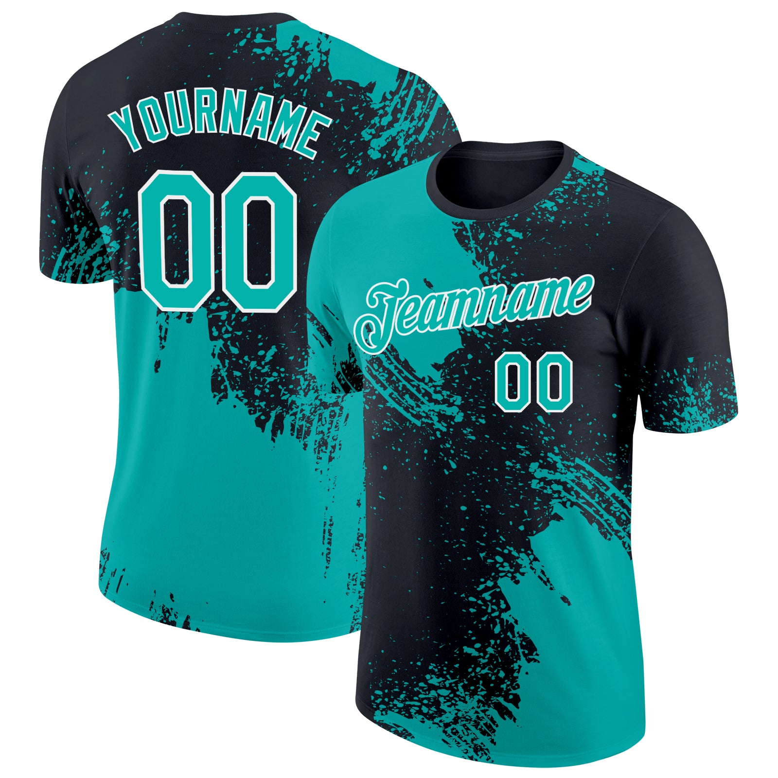 Custom Name and Number Abstract Brush Stroke Performance T-Shirt - Personalized Aqua Black-White 3D Pattern Design Personalized