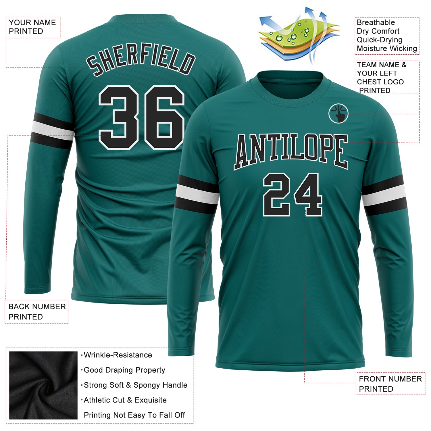 Personalized Long Sleeve Performance T-Shirt in Aqua Black-White for Men Personalized Aqua Black-White Long Sleeve Performance - Image 3