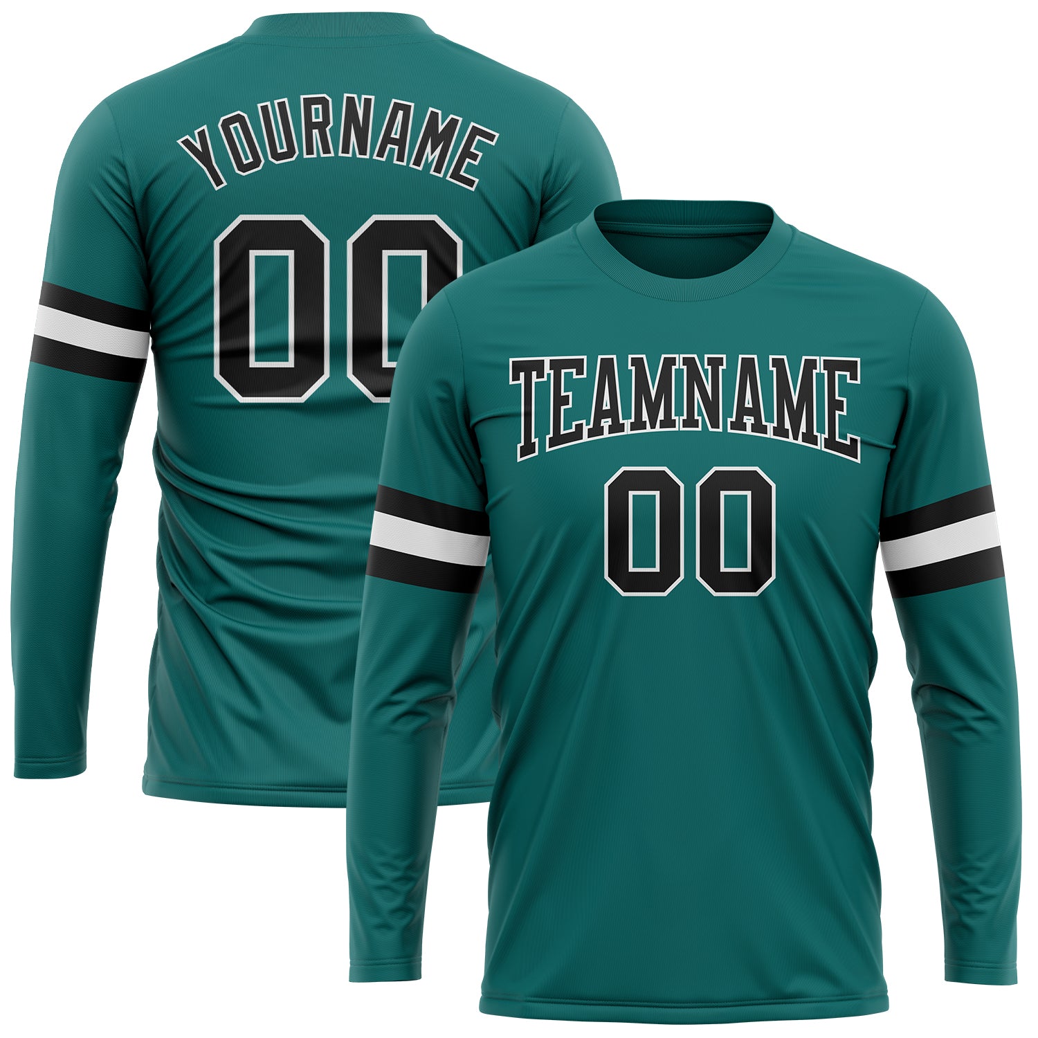 Custom Team Name and Number Long Sleeve Performance T-Shirt - Personalized Aqua Black-White Design Personalized Aqua Black-White
