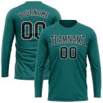 Custom Team Name and Number Long Sleeve Performance T-Shirt - Personalized Aqua Black-White Design Personalized Aqua Black-White