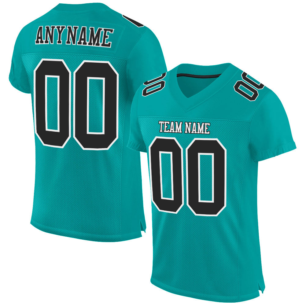 Custom Name and Number Personalized Aqua Black-White Mesh Football Jersey Authentic Team Apparel Personalized Aqua Black-White