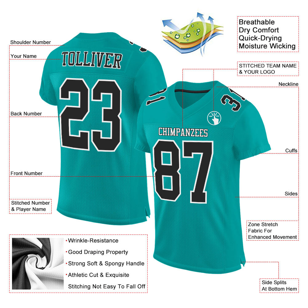 Custom Aqua Black White Mesh Football Jersey - Personalized Team Apparel Personalized Aqua Black-White Mesh Football Jersey - Image 2