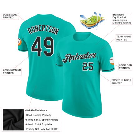 Custom Name and Number Aqua Black-White Performance T-Shirt for Teams Personalized Aqua Black-White Performance T-Shirt Team
