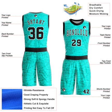 Custom Aqua Black White Basketball Jersey with Sublimation, Personalized Name & Number, Round Neck Suit Personalized Aqua