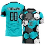 Personalized Aqua Black White Soccer Jersey Uniform for Kids and Adults Personalized Aqua Black-White Sublimation Soccer