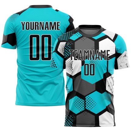 Custom Name and Number Soccer Jersey - Personalized Black White Aqua Sublimation Uniform for Team Personalized Aqua Black-White