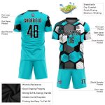 Custom Name and Number Soccer Jersey - Personalized Black White Aqua Sublimation Uniform for Team Personalized Aqua Black-White