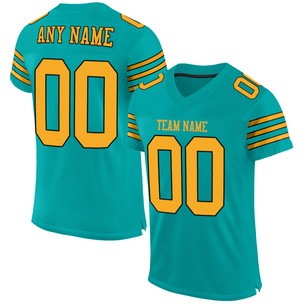Personalized Aqua Gold-Black Authentic Football Jersey - Custom Team Jersey Personalized Aqua Gold-Black Mesh Authentic Football