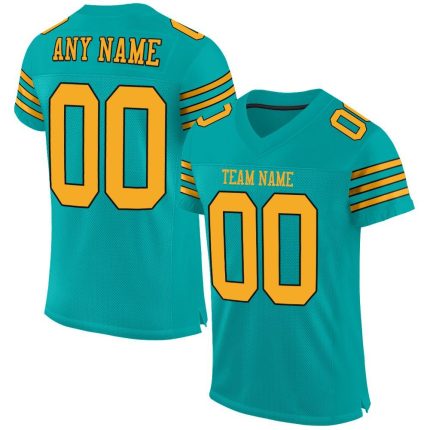 Personalized Aqua Gold Black Mesh Football Jersey for Men and Women Personalized Aqua Gold-Black Mesh Football Jersey 2