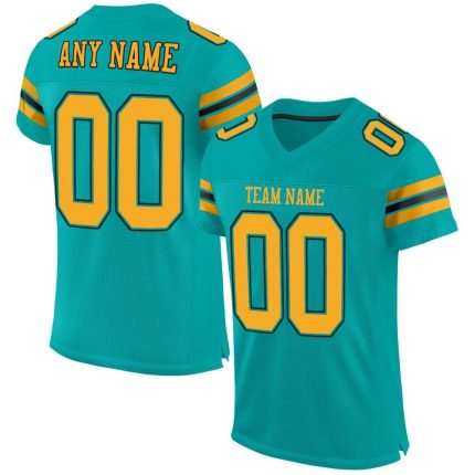 Personalized Aqua Black Gold Mesh Football Jersey - Custom Sports Apparel Personalized Aqua Gold-Black Mesh Football Jersey