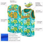 Personalized Aqua Purple Gold Basketball Jersey with 3D Hawaii Flowers Personalized Aqua Gold-Purple 3D Hawaii Flowers Basketball