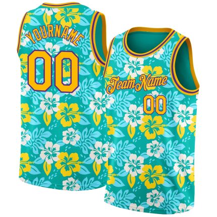 Personalized Aqua Purple Gold Basketball Jersey with 3D Hawaii Flowers Personalized Aqua Gold-Purple 3D Hawaii Flowers Basketball